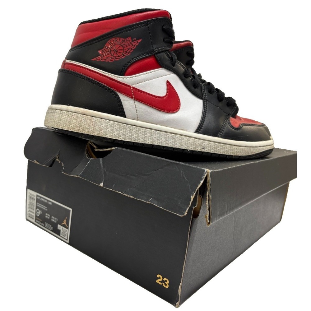 Mens Size 9.5 Air Jordan 1 Retro " Mid Bred Toe " Black Fire Red White Chicago